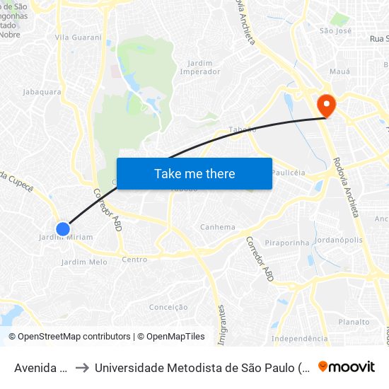 Avenida Cupecê to Universidade Metodista de São Paulo (Campus Rudge Ramos ) map