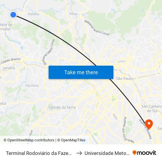 Terminal Rodoviário da Fazendinha - Parque dos Eucaliptos (Fazendinha), Santana de Parnaíba to Universidade Metodista de São Paulo (Campus Rudge Ramos ) map