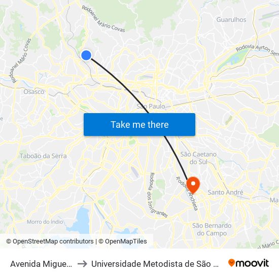 Avenida Miguel de Castro 174 to Universidade Metodista de São Paulo (Campus Rudge Ramos ) map