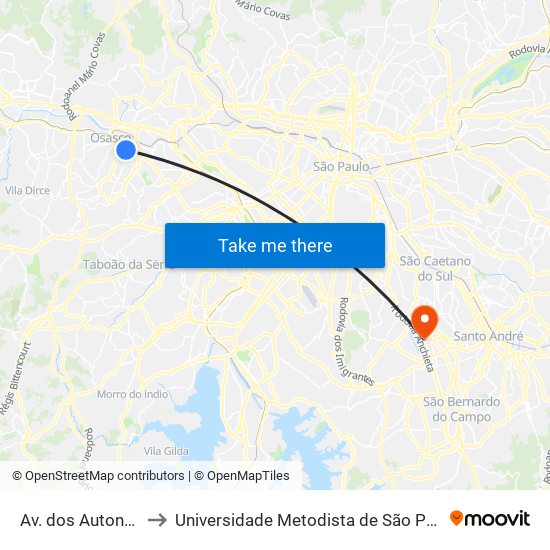 Av. dos Autonomistas, 3030 to Universidade Metodista de São Paulo (Campus Rudge Ramos ) map