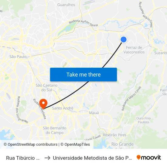 Rua Tibúrcio de Sousa 1561 to Universidade Metodista de São Paulo (Campus Rudge Ramos ) map