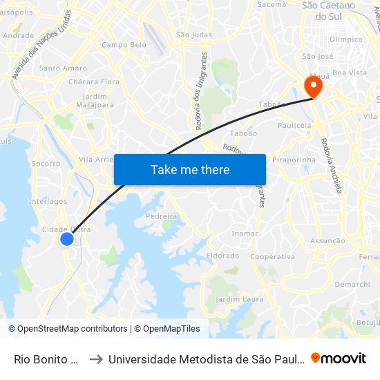Rio Bonito C/B Central to Universidade Metodista de São Paulo (Campus Rudge Ramos ) map