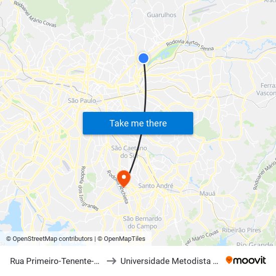 Rua Primeiro-Tenente-Aviador Aurélio Viêira Sampaio 111 to Universidade Metodista de São Paulo (Campus Rudge Ramos ) map