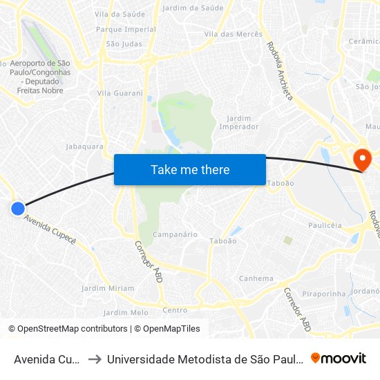 Avenida Cupecê 2308 to Universidade Metodista de São Paulo (Campus Rudge Ramos ) map
