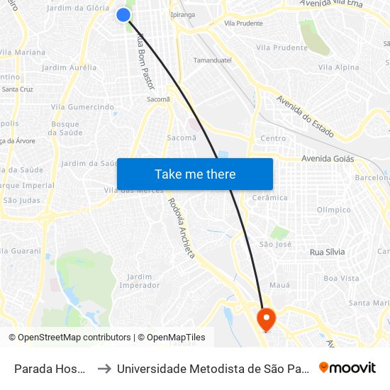 Parada Hospital Ipiranga to Universidade Metodista de São Paulo (Campus Rudge Ramos ) map