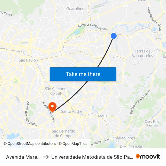 Avenida Marechal Tito 990 to Universidade Metodista de São Paulo (Campus Rudge Ramos ) map