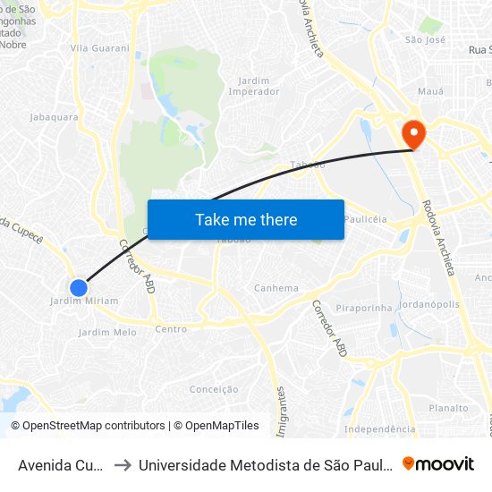 Avenida Cupecê 4828 to Universidade Metodista de São Paulo (Campus Rudge Ramos ) map
