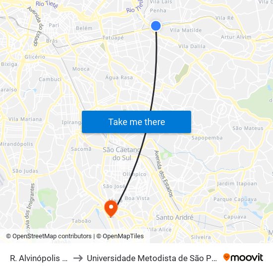 R. Alvinópolis (Metro Penha) to Universidade Metodista de São Paulo (Campus Rudge Ramos ) map