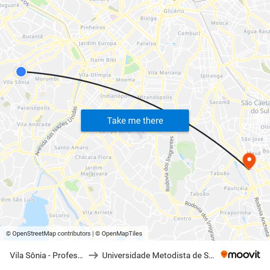 Vila Sônia - Professora Elizabeth Tenreiro to Universidade Metodista de São Paulo (Campus Rudge Ramos ) map