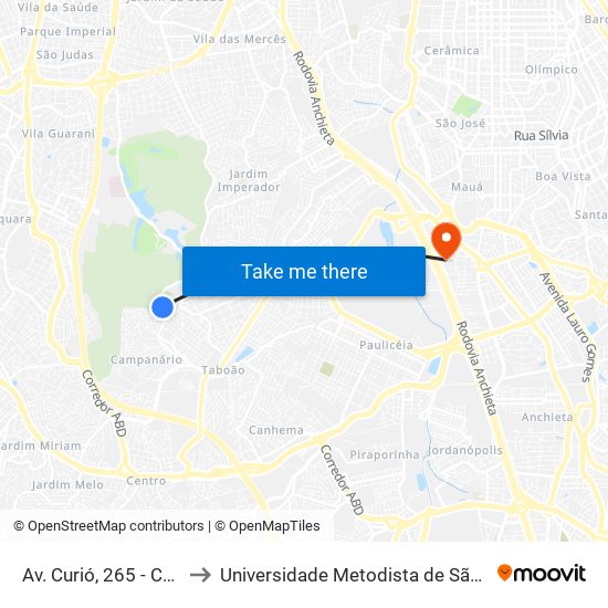 Av. Curió, 265 - Campanário, Diadema to Universidade Metodista de São Paulo (Campus Rudge Ramos ) map