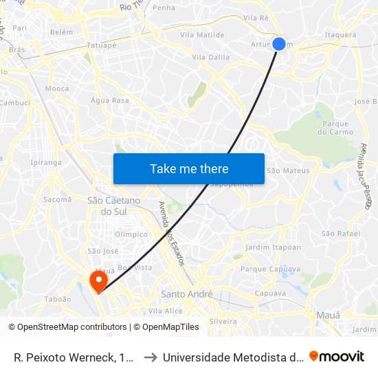 R. Peixoto Werneck, 100 - Parque Artur Alvim, São Paulo to Universidade Metodista de São Paulo (Campus Rudge Ramos ) map
