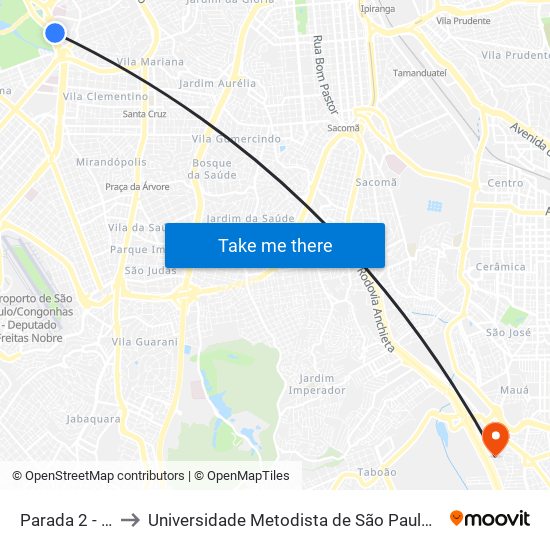 Parada 2 - Mac/Usp to Universidade Metodista de São Paulo (Campus Rudge Ramos ) map