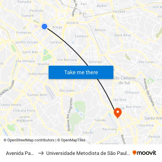 Avenida Paulista 2315 to Universidade Metodista de São Paulo (Campus Rudge Ramos ) map