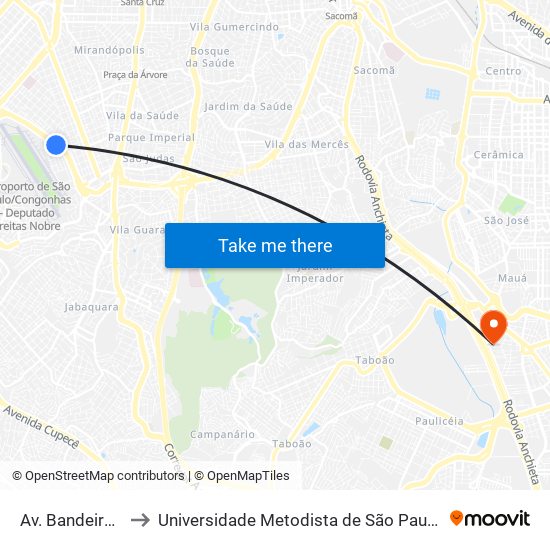 Av. Bandeirantes, 5178 to Universidade Metodista de São Paulo (Campus Rudge Ramos ) map