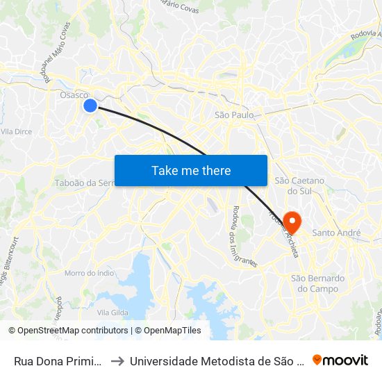 Rua Dona Primitiva Vianco, 1013 to Universidade Metodista de São Paulo (Campus Rudge Ramos ) map