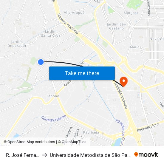 R. José Fernandes Caldas to Universidade Metodista de São Paulo (Campus Rudge Ramos ) map