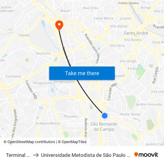 Terminal Sacolão to Universidade Metodista de São Paulo (Campus Rudge Ramos ) map
