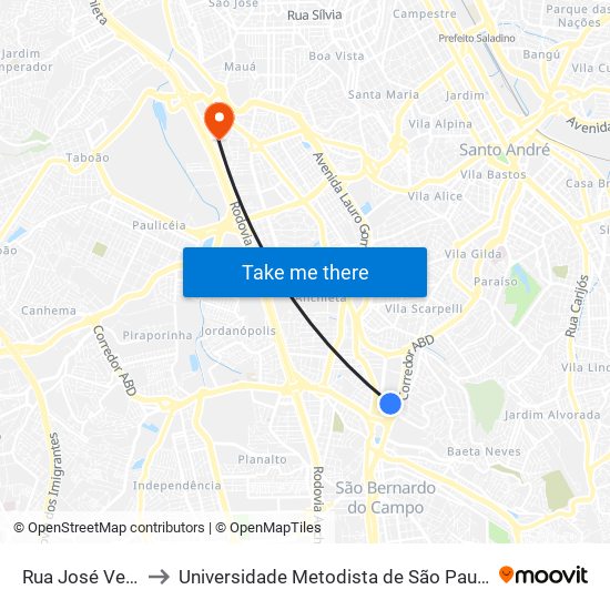 Rua José Versolatto, 99 to Universidade Metodista de São Paulo (Campus Rudge Ramos ) map