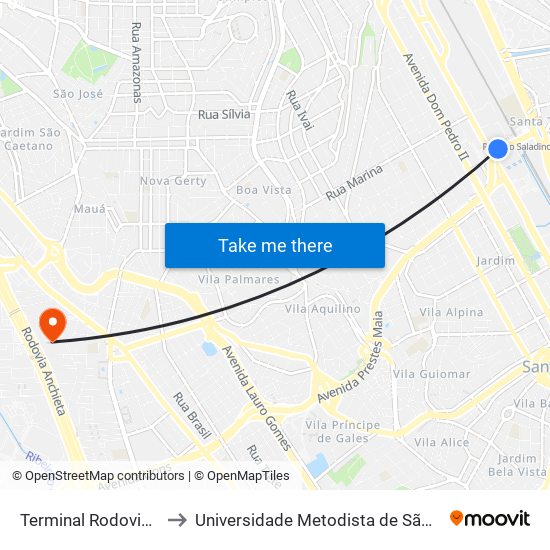 Terminal Rodoviário de Santo André to Universidade Metodista de São Paulo (Campus Rudge Ramos ) map