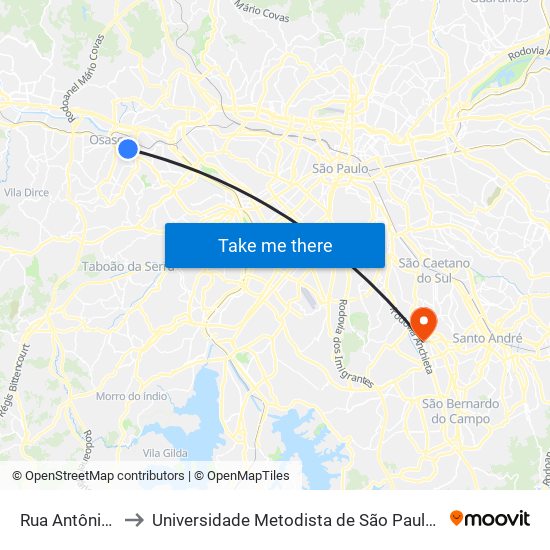 Rua Antônio Agú 798 to Universidade Metodista de São Paulo (Campus Rudge Ramos ) map