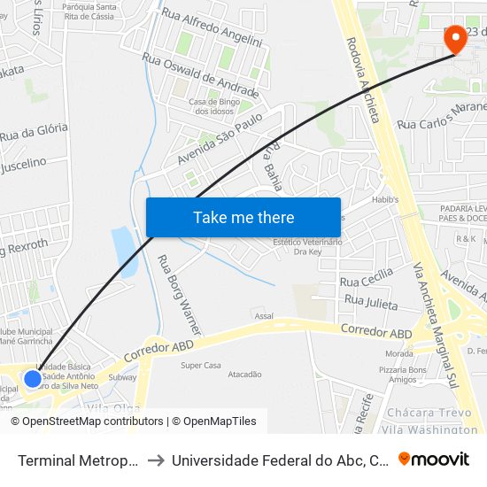 Terminal Metropolitano Piraporinha to Universidade Federal do Abc, Campus São Bernardo do Campo map