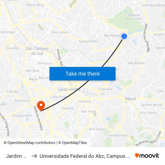 Jardim Colonial to Universidade Federal do Abc, Campus São Bernardo do Campo map