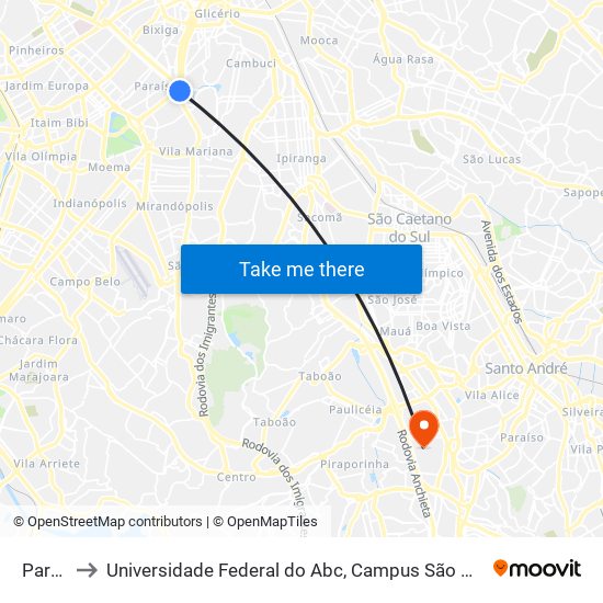 Paraíso to Universidade Federal do Abc, Campus São Bernardo do Campo map