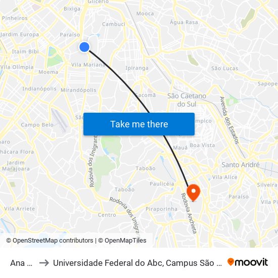 Ana Rosa to Universidade Federal do Abc, Campus São Bernardo do Campo map