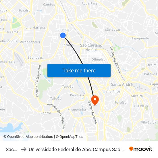 Sacomã to Universidade Federal do Abc, Campus São Bernardo do Campo map