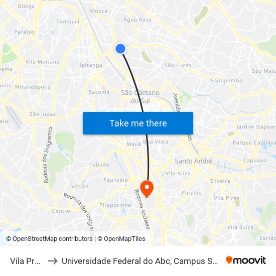 Vila Prudente to Universidade Federal do Abc, Campus São Bernardo do Campo map