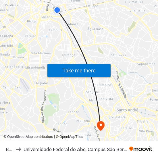 Brás to Universidade Federal do Abc, Campus São Bernardo do Campo map