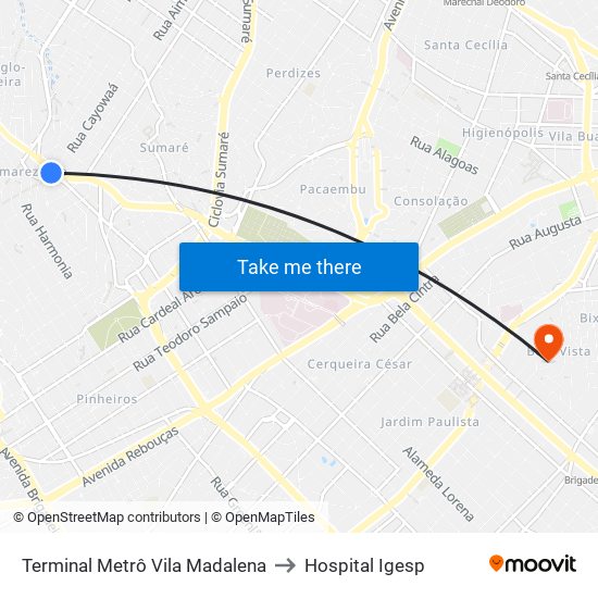 Terminal Metrô Vila Madalena to Hospital Igesp map