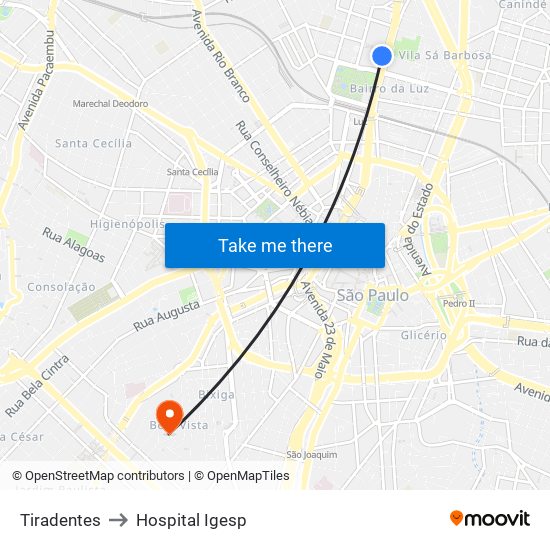 Tiradentes to Hospital Igesp map