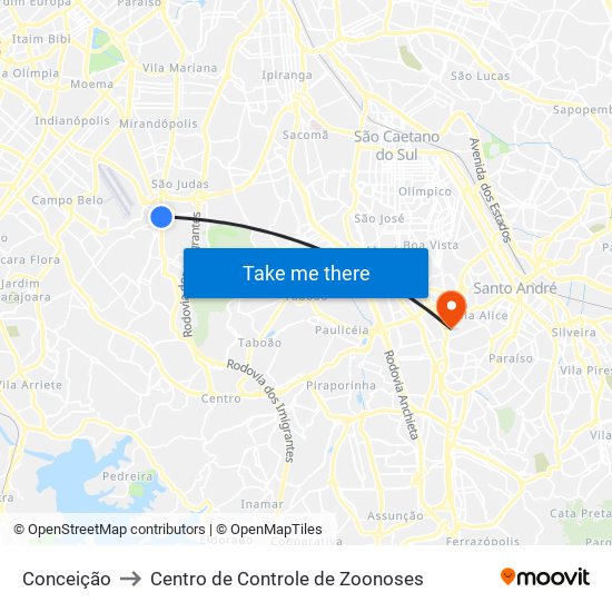 Conceição to Centro de Controle de Zoonoses map