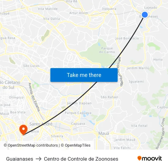 Guaianases to Centro de Controle de Zoonoses map