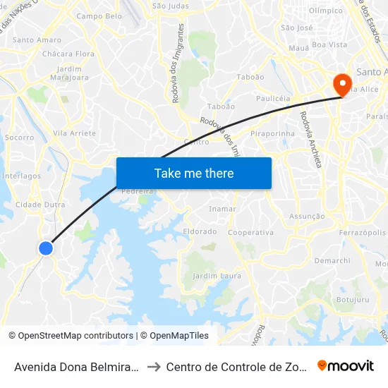 Avenida Dona Belmira Marin to Centro de Controle de Zoonoses map