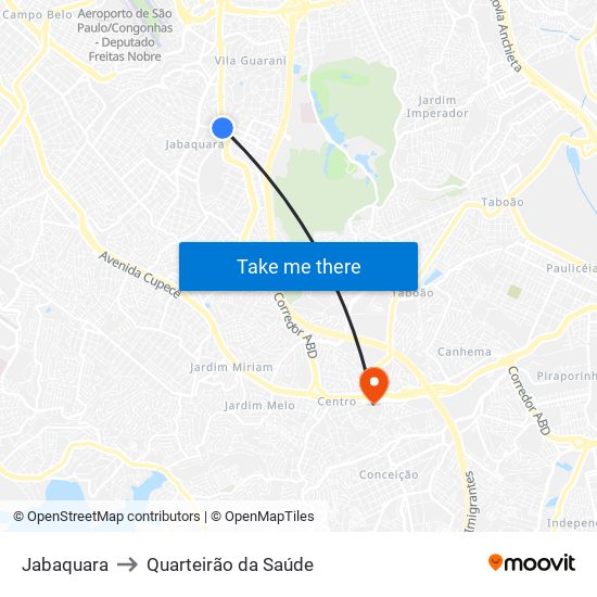 Jabaquara to Quarteirão da Saúde map