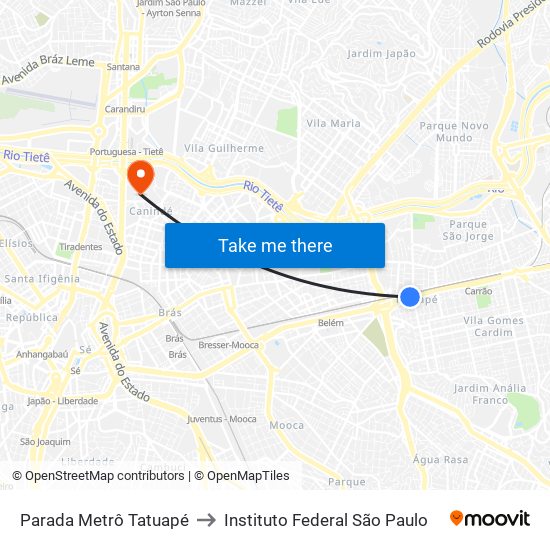 Parada Metrô Tatuapé to Instituto Federal São Paulo map