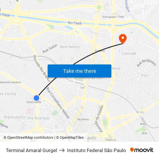 Terminal Amaral Gurgel to Instituto Federal São Paulo map