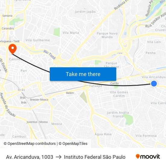 Av. Aricanduva, 1003 to Instituto Federal São Paulo map