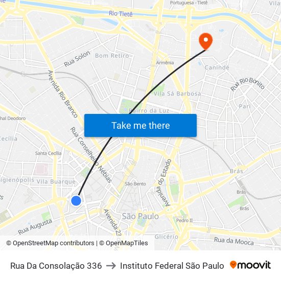 Rua Da Consolação 336 to Instituto Federal São Paulo map