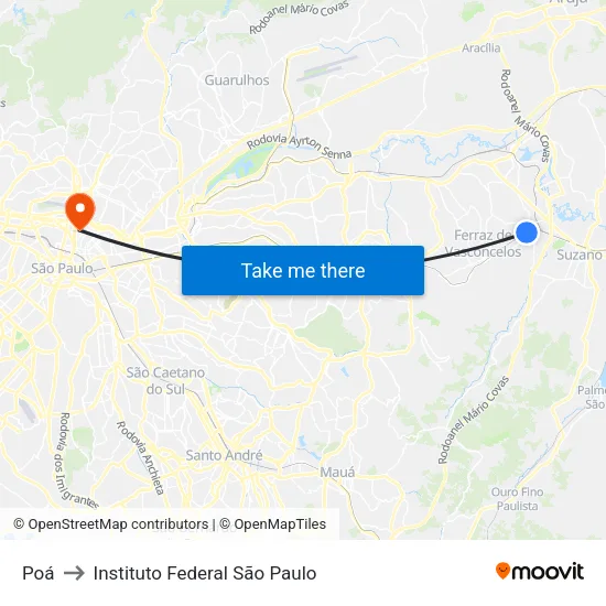 Poá to Instituto Federal São Paulo map