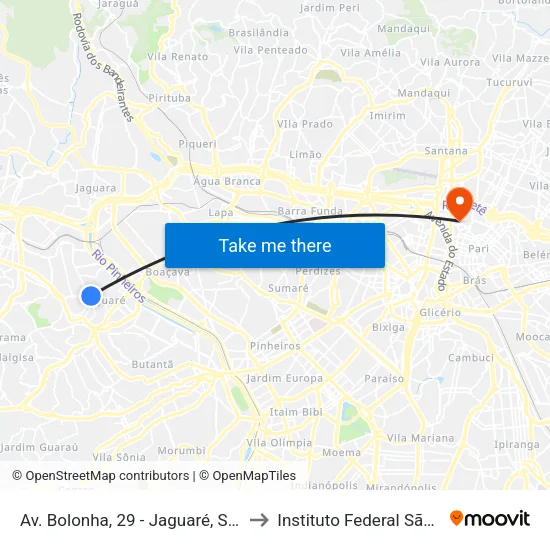 Av. Bolonha, 29 - Jaguaré, São Paulo to Instituto Federal São Paulo map