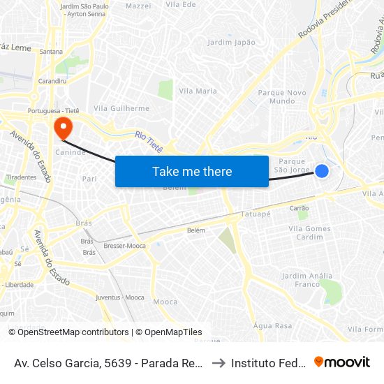 Av. Celso Garcia, 5639 - Parada Retiro 1/2/3 - Maranhão, São Paulo to Instituto Federal São Paulo map
