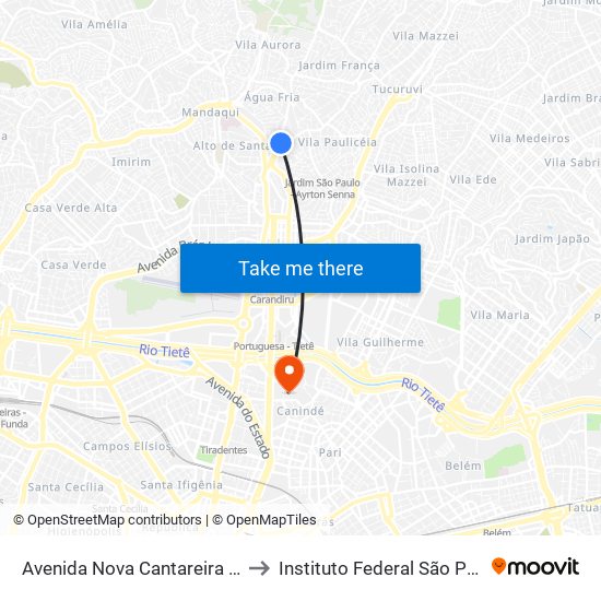 Avenida Nova Cantareira 100 to Instituto Federal São Paulo map