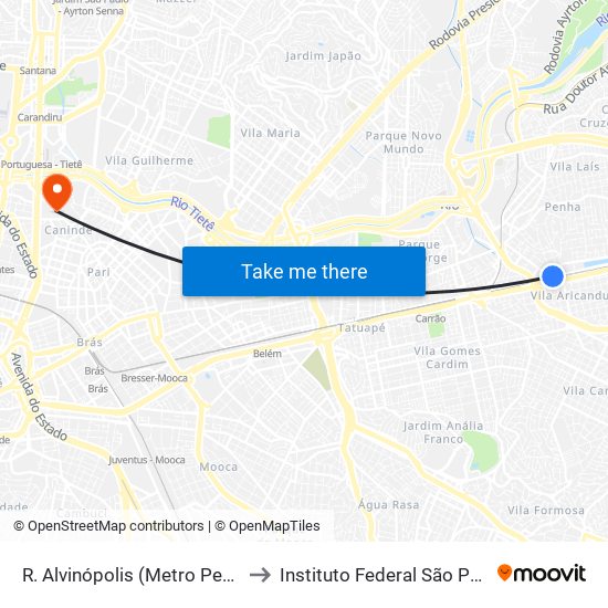 R. Alvinópolis (Metro Penha) to Instituto Federal São Paulo map