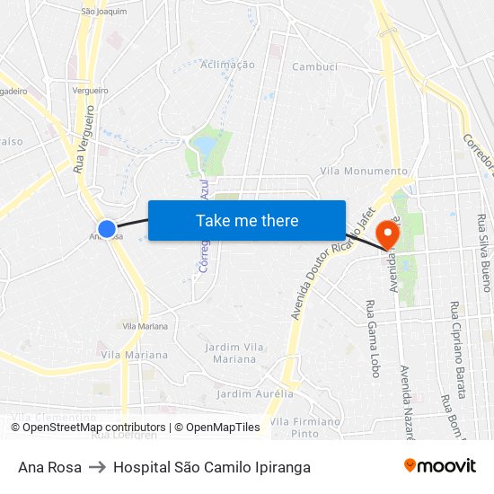 Ana Rosa to Hospital São Camilo Ipiranga map