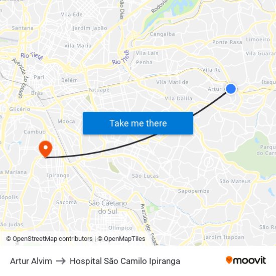 Artur Alvim to Hospital São Camilo Ipiranga map