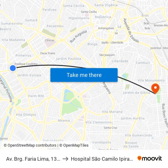 Av. Brg. Faria Lima, 1384 to Hospital São Camilo Ipiranga map