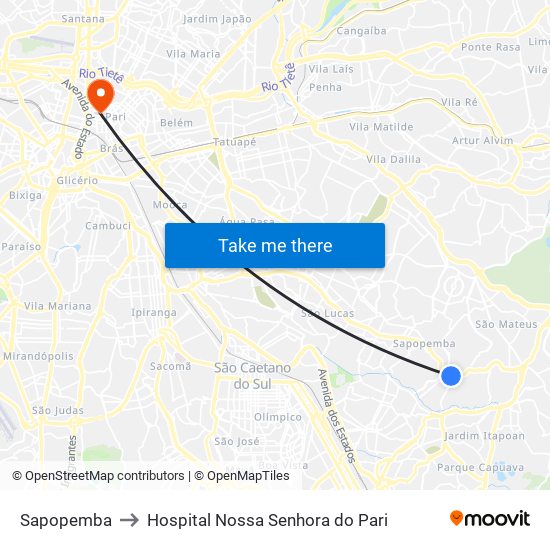 Sapopemba to Hospital Nossa Senhora do Pari map
